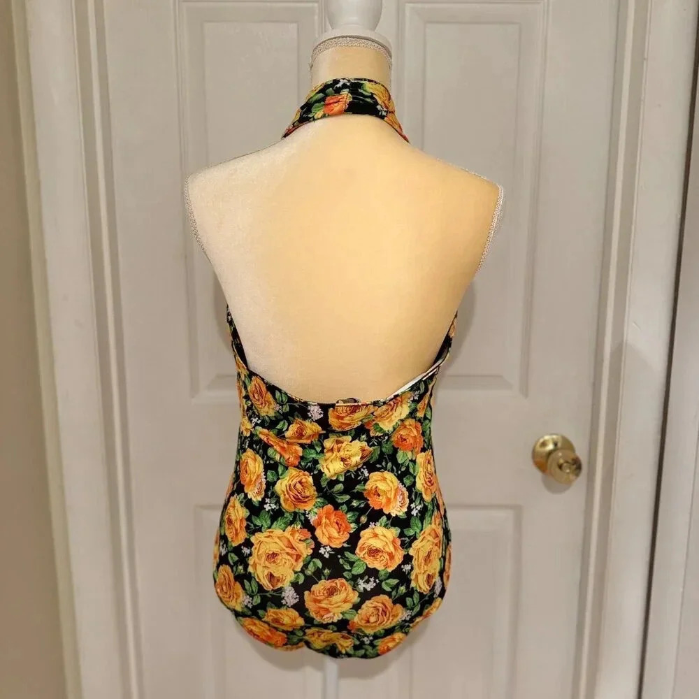 NWT Zara Twisted Halter Floral Black & Yellow Bodysuit - Picture 5 of 9